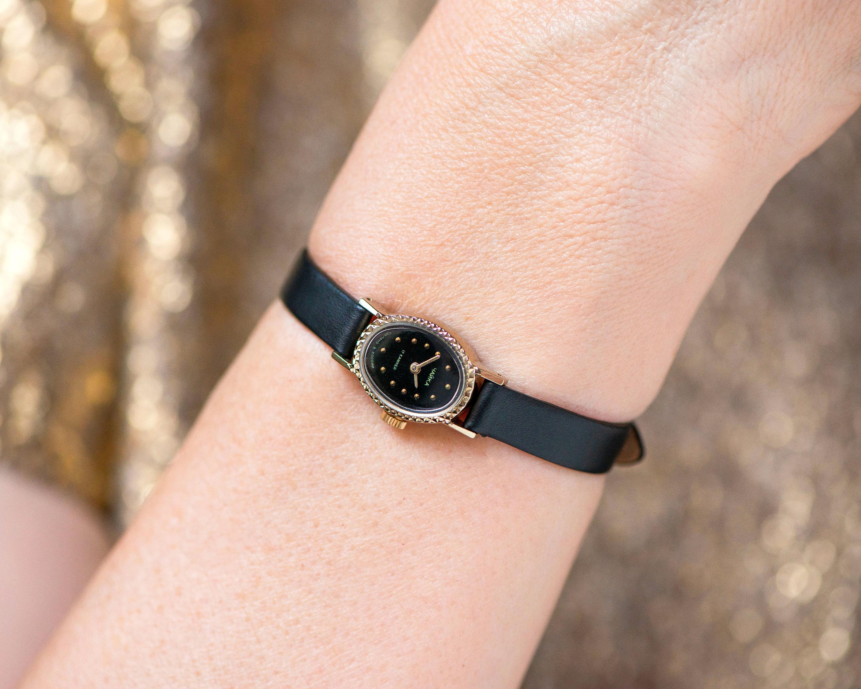 Black Tiny Oval Watch for Women Seagull, Gold Plated Petite  display picture 2