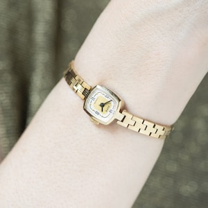 Gold plated cocktail watch bracelet Dawn gift vintage, delicate rectangular women wrist watch Roman numerals dial watch jewelry accessory