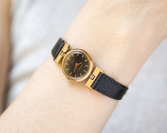 Women's watch quartz black dial Sekonda, gold plated watch for lady gift, chic women watch minimalist vintage, new premium leather strap
