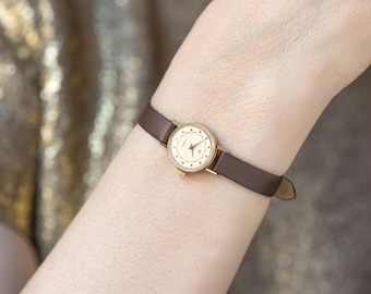 Delicate women watch vintage Seagull, gold plated case unused wristwatch rare design dial, chic minimalist gift, leather band new