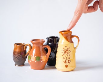 Small jars set 4 little pitchers handmade pottery home decor or accessory, Lithuanian clay pitchers native pattern glazed souvenirs gift