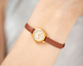 Gold plated micro watch women Volga, vintage lady wristwatch classic jewelry, chic wristwatch sunburst dial gift, new premium leather strap