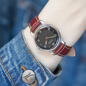 Mid century unisex watch Athletic \ Sportivnyje, rare classic boyfriend watch black minimalist, tomboy watch shockproof, new leather strap