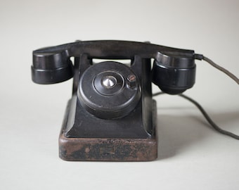 Nomenclature office telephone mid century black bakelite, chunky phone model VEF, unique table decor 50s style no numbers on the dial gift