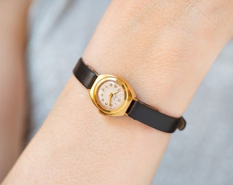 Small gold plated watch for women Ray, vintage lady watch minimalist Arabic  numerals dial, delicate timepiece gift, new premium leather band