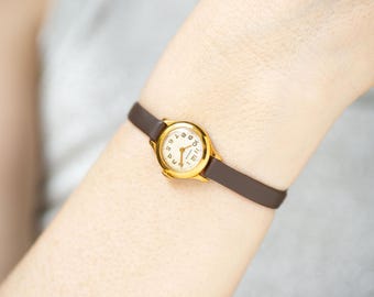 Gold plated micro watch women Seagull, vintage lady wristwatch classic jewelry, chic wristwatch dainty gift, new genuine leather strap