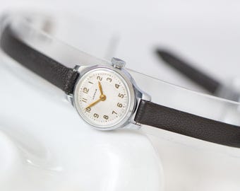 Delicate wristwatch for women Seagull, sunburst dial lady watch silver shade, Arabic numerals watch vintage gift, new premium leather strap