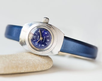 Super rare amphibian women watch authentic Dawn, water resistant lady watch 70s, lady&#39;s diver watch navy blue gift, new luxury leather strap