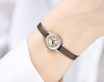 Classic women watch Seagull silver shade, delicate round lady micro watch, retro female timepiece gift unique new genuine leather strap