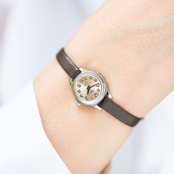 Classic women watch Seagull silver shade, delicate round lady micro watch, retro female timepiece gift unique new genuine leather strap