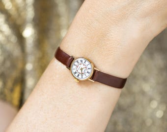 Small floral watch women Seagull vintage gold plated, micro watch red flowers, petite lady watch gift classic tiny, new genuine leather band