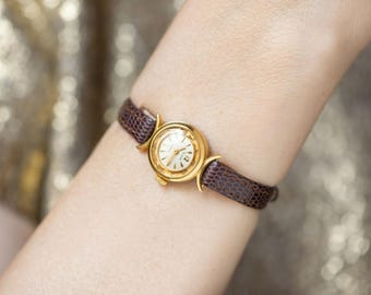 Unique woman watch gold plated Glory, delicate lady watch vintage, American pop art inspired woman watch jewelry crescent trim leather strap