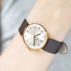 Oversized women's watch vintage, gold plated lady wristwatch classic Dawn, women watch minimalist shockproof gift, new luxury leather strap