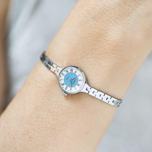 Cocktail watch for women silver shade blue dot Seagull, chic women wristwatch bracelet delicate, lady watch Roman numerals tiny jewelry