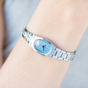 Blue cocktail watch for women silver shade RAY, dainty oval women&#39;s watch jewelry gift, vintage mint condition posh bracelet bride timepiece