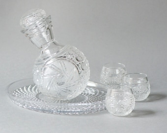 Vintage Ball shape Decanter set cut cane buzz patterns crystal, Drink ware Crystal Decanter Lean 3 glasses 1 tray Barware Crystal Glass