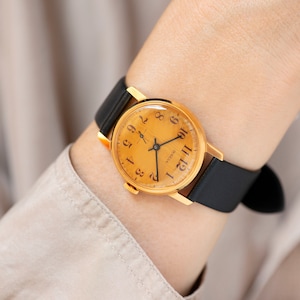 New old stock unisex watch Pobeda gold plated, yellow dial watch minimalist, vintage watch Arabic numerals gift, new premium leather strap