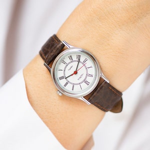 Unused quartz watch for women Seagull, silver shade lady wristwatch vintage, Roman numerals girl watch classic gift new genuine leather band
