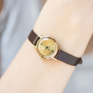 Yellow dial women wristwatch Glory gold plated, lady watch minimalist jewelry gift, classic girl watch preppy, new genuine leather band