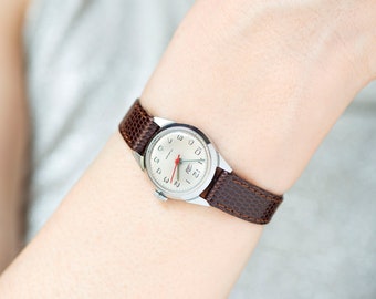 Unique women watch vintage unused Dawn, silver shade classic lady wristwatch,  wrist accessory watch gift for women new premium leather band