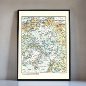 Geographic North Pole map wall art, vintage map in German North Pole, wall print retro map home interior gift, North print available 4 sizes image 1