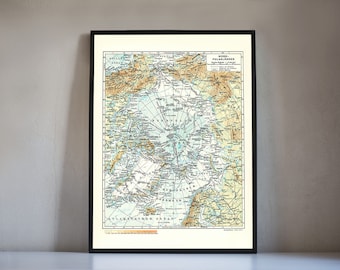 Geografisk Nordpolskarta väggkonst, vintagekarta över tyska Nordpolen, väggtryck retrokarta heminredning present, Nordtryck finns i 4 storlekar