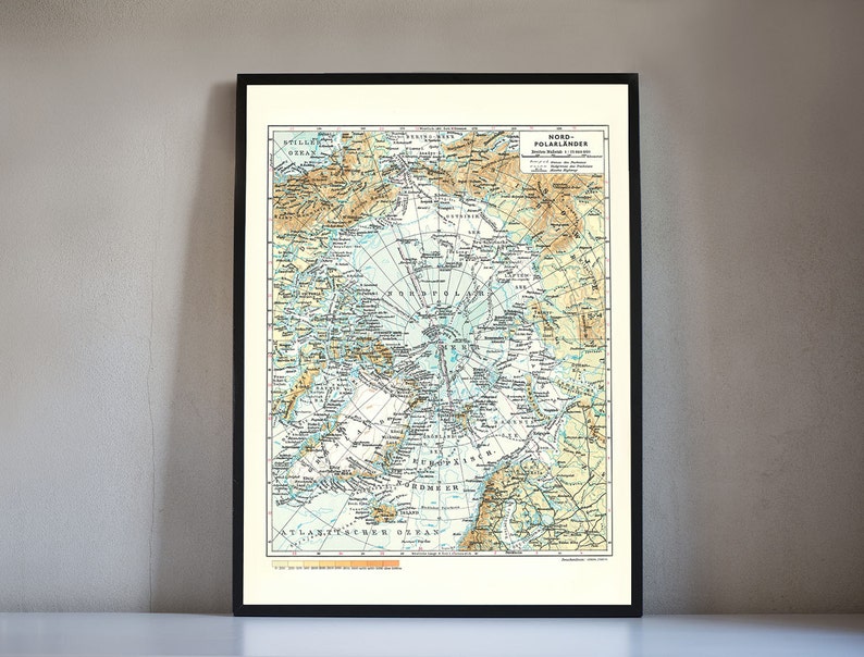 Geographic North Pole map wall art, vintage map in German North Pole, wall print retro map home interior gift, North print available 4 sizes image 1