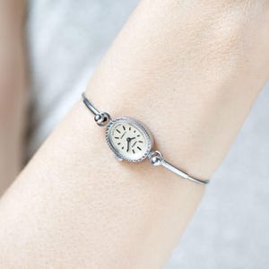 Vintage cocktail watch for women Seagull, silver shade lady watch, tiny jewelry watch bracelet gift, watch white oval watch small wrist