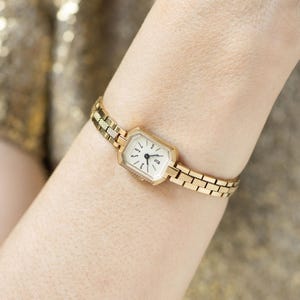 Dainty cocktail watch for women Ray gold plated, rectangular lady wristwatch tiny vintage jewelry, authentic timepiece gift serviced