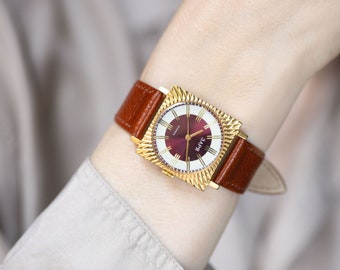 Limited edition women watch Dawn, gold plated watch square, ornamented burgundy dial watch, oversized lady watch 90s new luxury leather band