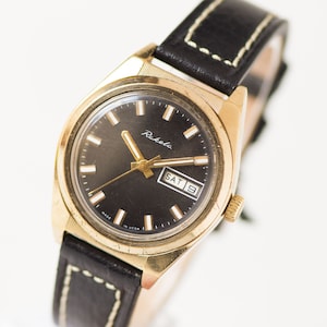 Modern men&#39;s watch Rocket, gold plated watch chunky, black shade face watch, date panel, dudes gift watch, new premium leather strap