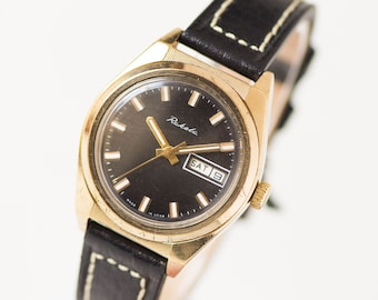 Modern herrklocka Rocket, guldpläterad klocka med chunky urtavla, svart urtavla, datumpanel, presentklocka för killar, nytt premiumläderarmband