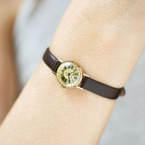Gold plated watch for women Sekonda small gift, vintage tiny lady watch Roman numerals dial dainty lady accessory, genuine leather strap new