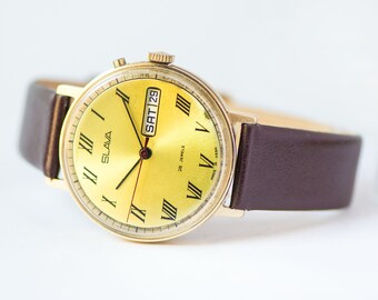 Modern unisex watch Glory vintage, gold plated men watch, light yellow face watch him, minimalist watch for men, new premium leather strap