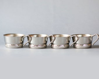 Vintage Tea glass holders tea coasters set 4 silver shade, small podstakannik Slavic, floral pattern Soviet tea holders tabelware home decor