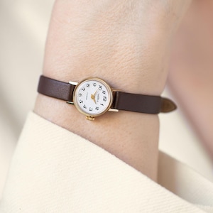 Women watch gold plated vintage Seagull, super small dainty wristwatch for lady, new leather strap