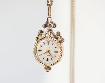 Floral pendant watch women's watch necklace Seagull gold plated, vintage watch pendant boho accessory limited edition lady gift chic jewelry