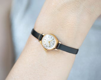 Limited edition women's wristwatch Seagull gold plated vintage, sunburst dial dainty jewelry gift micro watch, new premium leather band