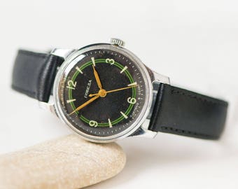 Unique men's watch Pobeda vintage, mid century watch unisex, geometrical pattern black watch rare, boyfriend watch, new premium leather band