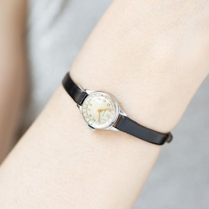 Rare sunburst dial women&#39;s watch Volga silver shade vintage, minimalist lady&#39;s wristwatch tiny gift timepiece wrist accessory, leather strap