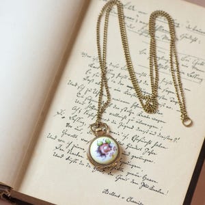 Rose pattern women&#39;s watch necklace pendant Seagull, gold plated Roman numerals watch on neck gift, painted porcelain lady watch on chain