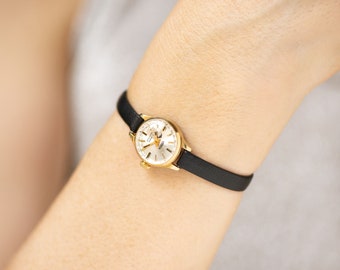 Vintage Women Watch Small Gold plated CORNAVIN gift, lady wristwatch shockproof, minimalist watch rare design, New premium leather strap