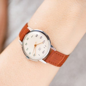Oversized women watch 70s new old stock plius tag, authentic wristwatch Dawn vintage gift girl, classic accessory, new premium leather band