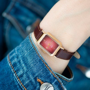 Unused modern watch for women Dawn vintage, gold plated tank lady watch burgundy dial, minimalist women watch rare, new premium leather band