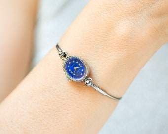 Vintage cocktail watch for women navy blue face Seagull, small oval women's watch, tiny ring bracelet girl watch silver shade party jewelry