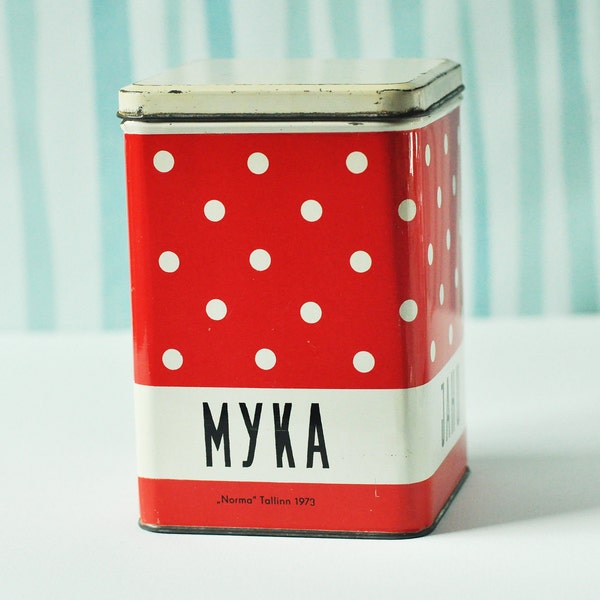 Polka Dotted Red and White Tin Canister from Soviet time