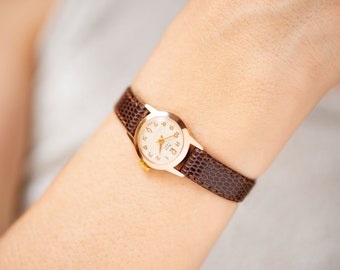 Women watch gold shade unused Glory, vintage wristwatch for women rare jewelry, wristwatch for lady classic gift, new premium leather strap