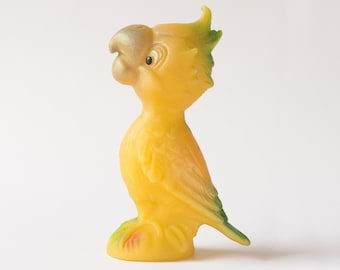 Vintage parrot toy, rubber parrot yellow, bird toy for kids bath, rubber parrot nursery room decor, 70s baby toy