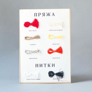 May include: A wooden chart with the word "ПРЯЖКА" (meaning "Yarn") at the top and "НИТКИ" (meaning "Threads") at the bottom. The chart shows different types of yarn and thread, including wool, linen, cotton, silk, and viscose. Each type of yarn and thread is labeled in Russian.