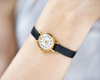 Classic women watch gold plated Glory unused, vintage lady watch Arabic numerals dial, delicate lady watch jewelry, new luxury leather strap